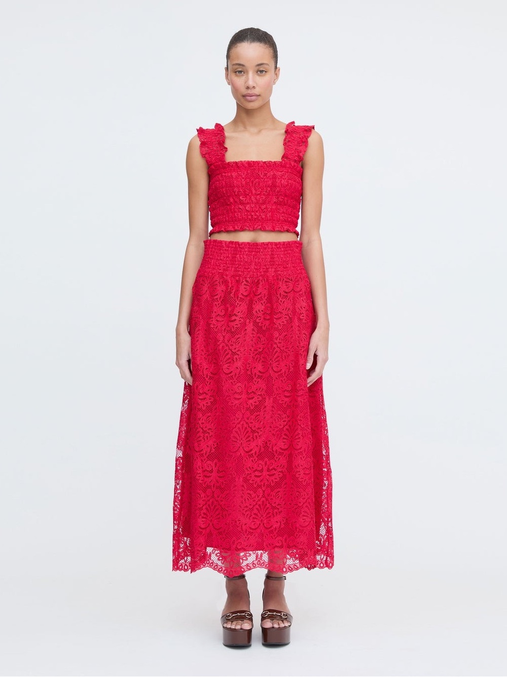 Hill House Azalea Nap Top & Delphine Nap Skirt Set in Cerise Lace - size small